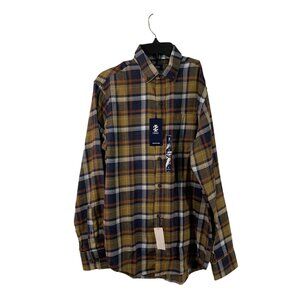 IZOD Stratton Flannel Shirt S Dull Gold Navy Plaid Long Sleeve